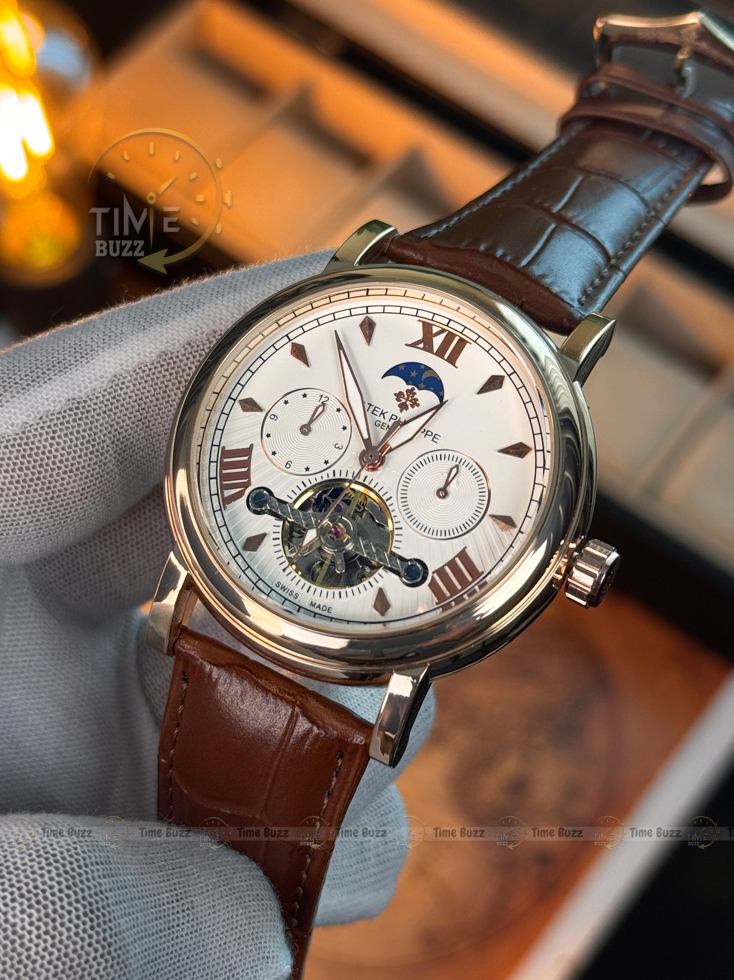 Patek Philippe Automatic Open Heart Watch – White Dial, Moonphase-Style Display, Dual Subdials & Brown Leather Strap