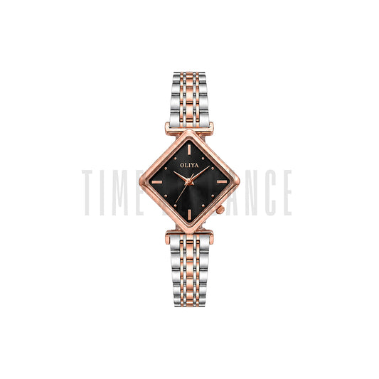 OLIYA 6819 Women’s Diamond-Shaped Rose Black Dial Quartz Watch – Simple Casual Fashion Wristwatch