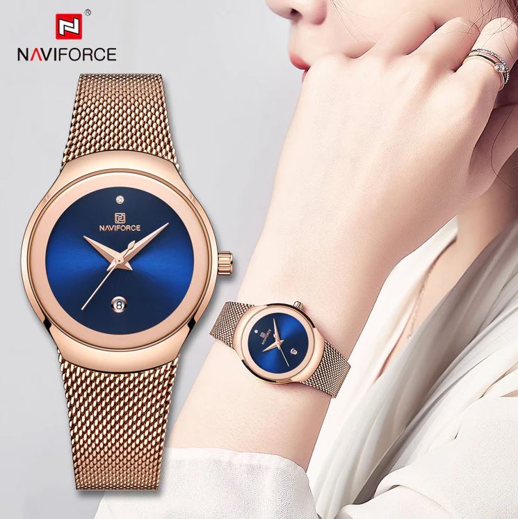 NAVIFORCE 5004 Women’s Rose Gold Blue Dial Mesh Watch