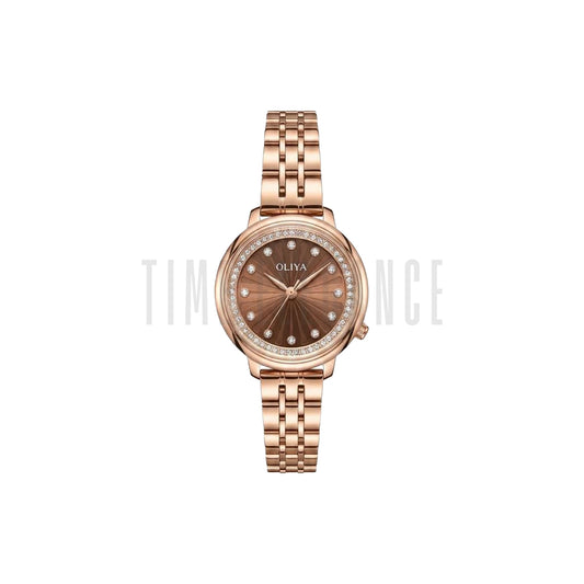 OLIYA 889 Women’s Luxury Diamond Watch Gold Brown – Round Dial Stainless Steel Wristwatch