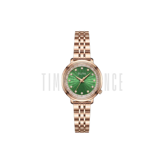 OLIYA 889 Women’s Luxury Diamond Watch Rose Gold Green – Round Dial Stainless Steel Wristwatch