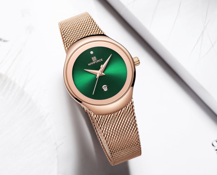 NAVIFORCE 5004 Women’s Rose Gold Green Dial Mesh Watch