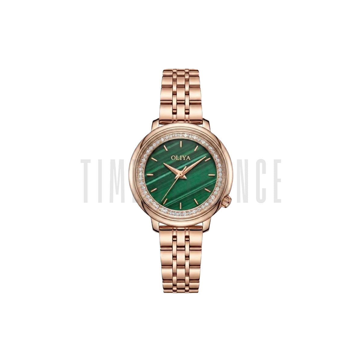 OLIYA 889 Women’s Luxury Diamond Watch Rose Gold Striped Green – Round Dial Stainless Steel Wristwatch
