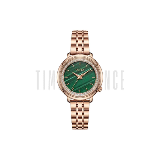 OLIYA 889 Women’s Luxury Diamond Watch Rose Gold Striped Green – Round Dial Stainless Steel Wristwatch