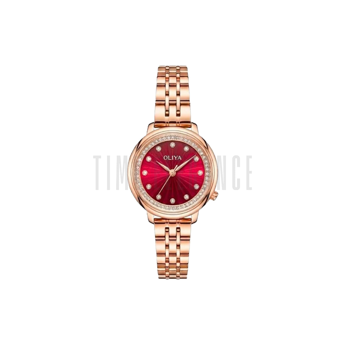 OLIYA 889 Women’s Luxury Diamond Watch Rose Gold Red – Round Dial Stainless Steel Wristwatch