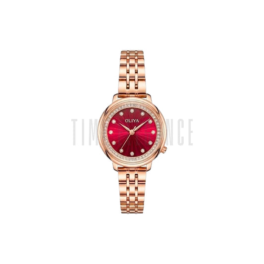 OLIYA 889 Women’s Luxury Diamond Watch Rose Gold Red – Round Dial Stainless Steel Wristwatch