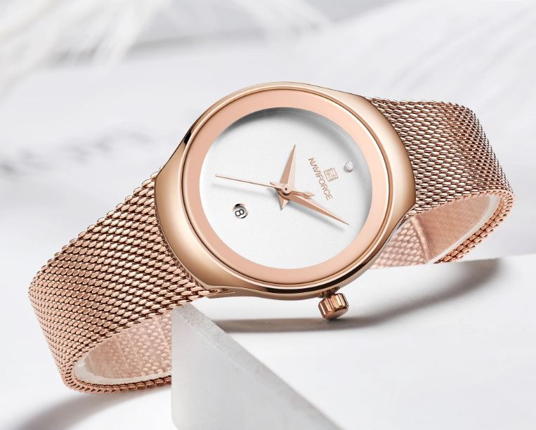 NAVIFORCE 5004 Women’s Rose Gold White Dial Mesh Watch