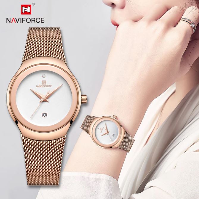 NAVIFORCE 5004 Women’s Rose Gold White Dial Mesh Watch