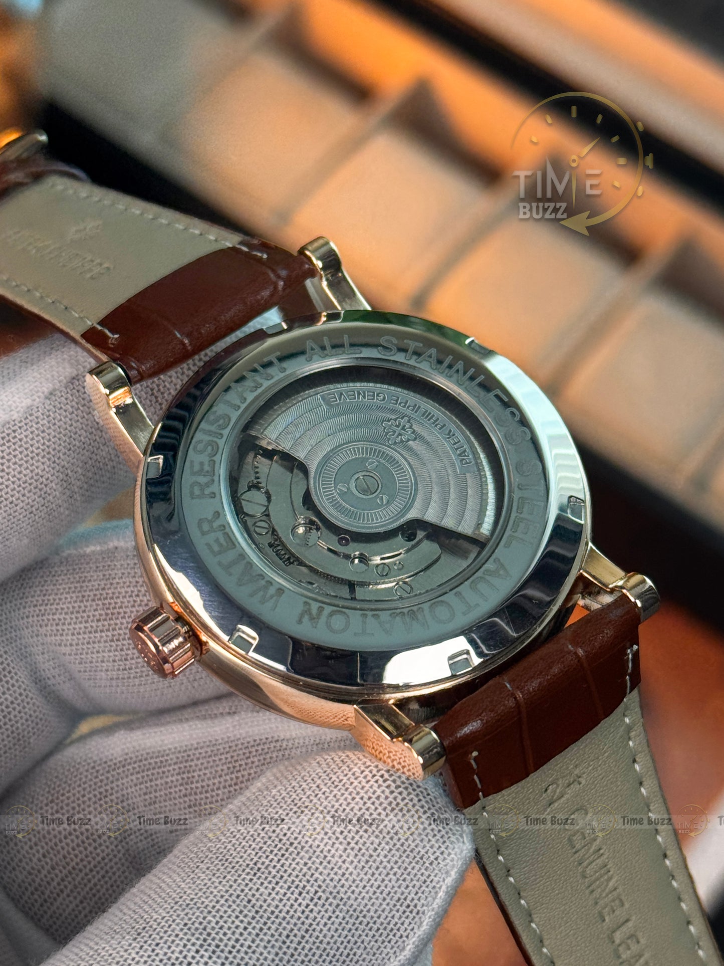 Patek Philippe Automatic Open Heart Watch – White Dial, Moonphase-Style Display, Dual Subdials & Brown Leather Strap