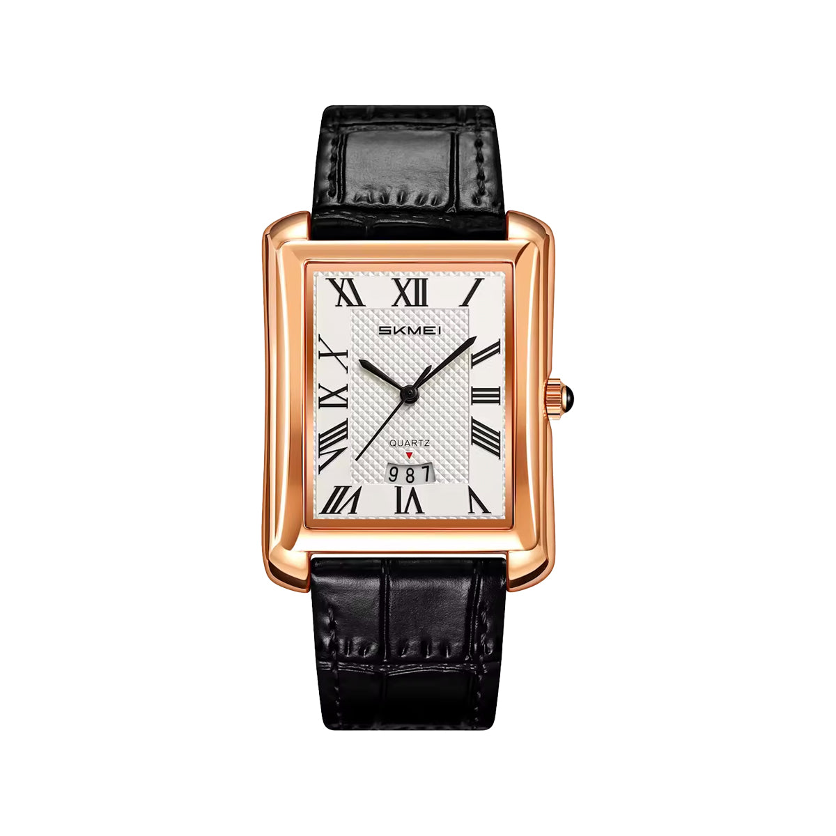SKMEI 2575 Men’s Square Leather Quartz Watch rose gold/black – Roman Numeral Business Waterproof Wristwatch