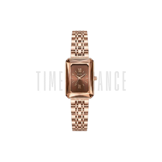 OLIYA 6881 Women’s Rectangle Quartz Watch Rose Brown Dial– Stainless Steel Vintage Ladies Wristwatch