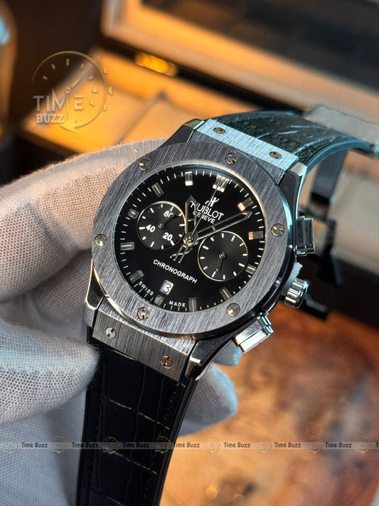 HUBLOT Silver Chronograph Men’s Watch with Black Dial and Leather Strap