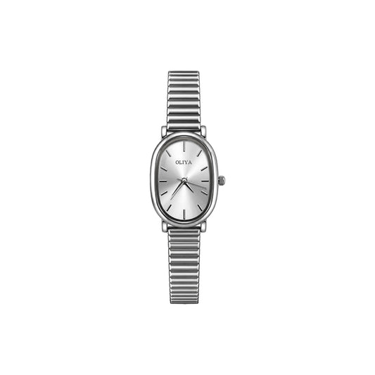 OLIYA Ladies Silver Oval Watch – Elegant Sunburst Dial & Classic Bracelet