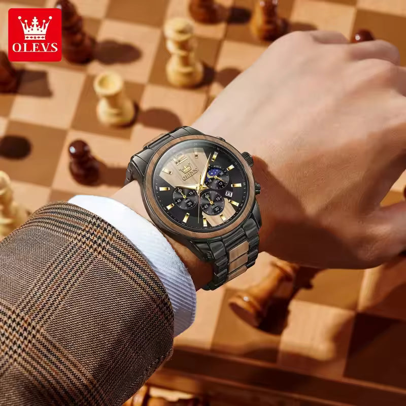 OLEVS 3645 Men's Wooden Chronograph Watch – Elegant & Waterproof