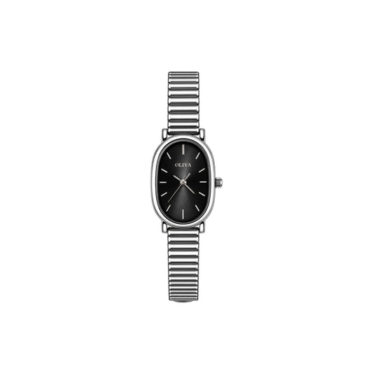 OLIYA Ladies Silver Black Oval Watch – Elegant Sunburst Dial & Classic Bracelet