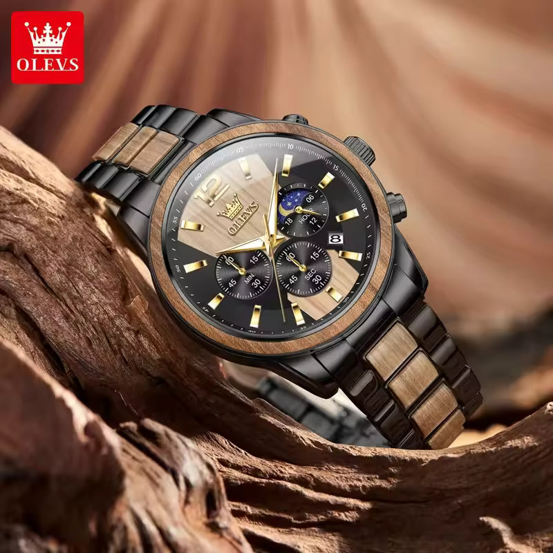 OLEVS 3645 Men's Wooden Chronograph Watch – Elegant & Waterproof