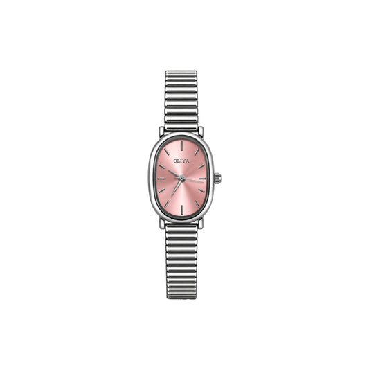 OLIYA Ladies Silver Pink Oval Watch – Elegant Sunburst Dial & Classic Bracelet