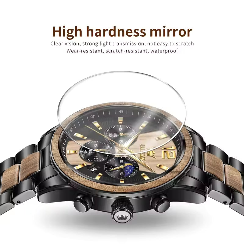 OLEVS 3645 Men's Wooden Chronograph Watch – Elegant & Waterproof