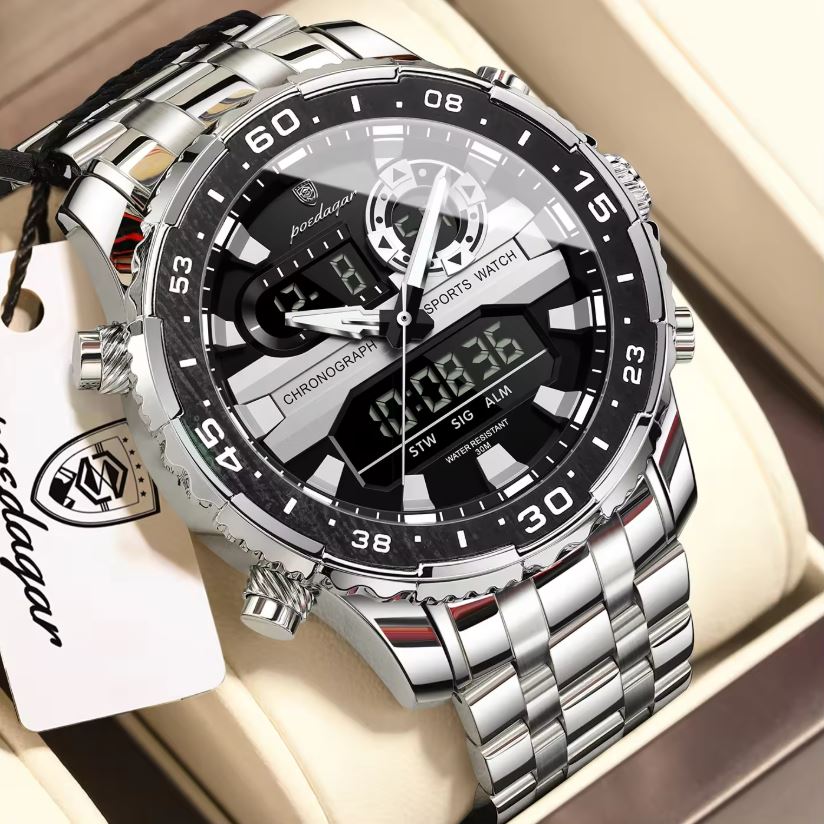 POEDAGAR 122 Luxury Dual Time LED Watch Silver Black – Waterproof Digital Stainless Steel Men’s Wristwatch