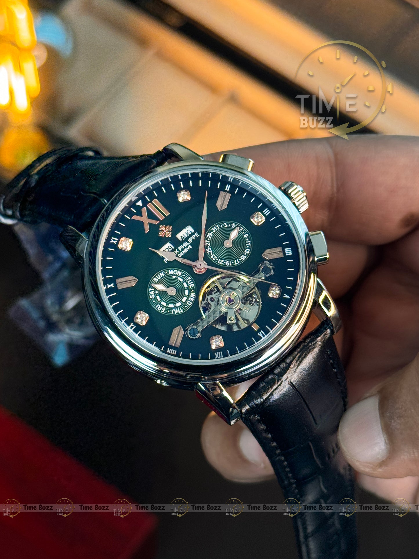 Patek Philippe Tourbillon Calendar Men’s Watch – Black Dial & Black Leather Strap