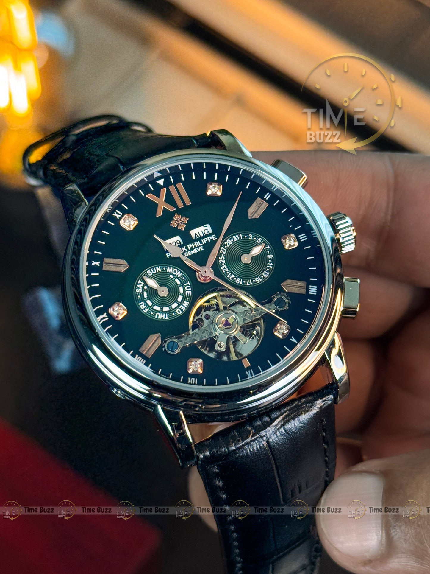 Patek Philippe Tourbillon Calendar Men’s Watch – Black Dial & Black Leather Strap