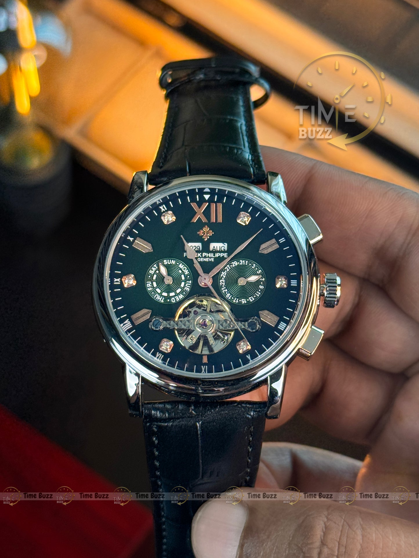 Patek Philippe Tourbillon Calendar Men’s Watch – Black Dial & Black Leather Strap