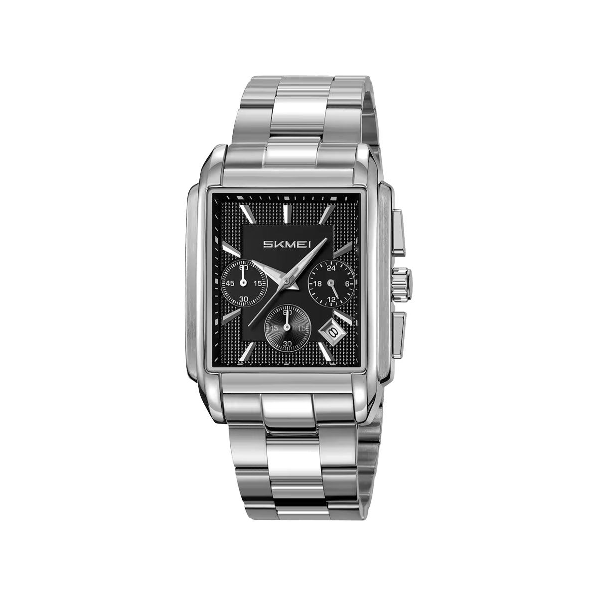 SKMEI 2339 Men’s Square Stainless Steel Quartz Watch Silver Black– Waterproof Business Wristwatch