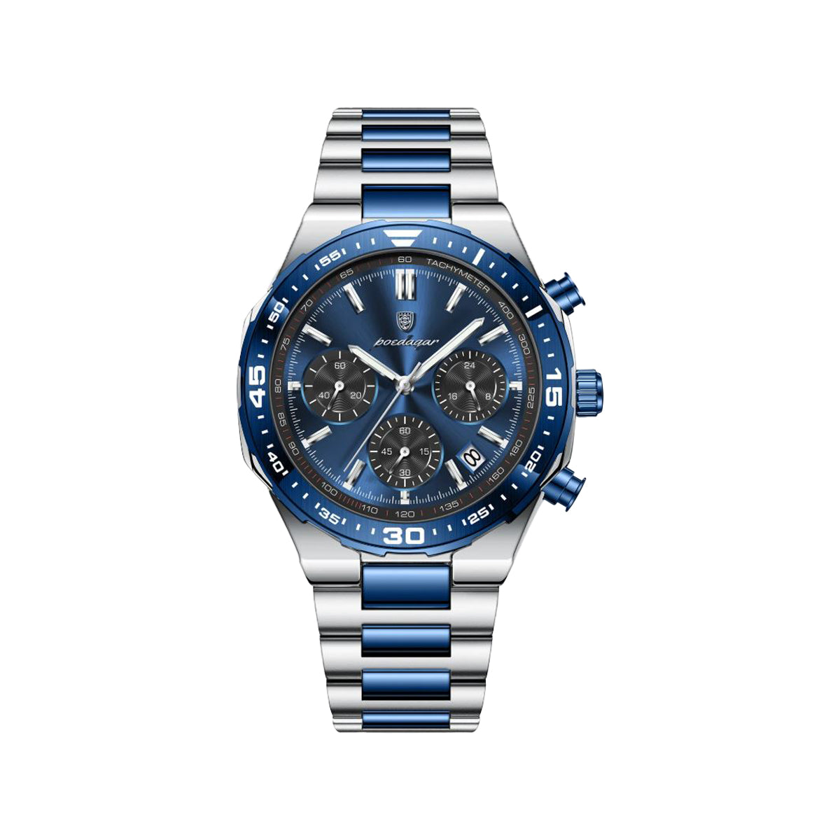 POEDAGAR 697 Men’s Luxury Quartz Chronograph Watch Silver Blue– Stainless Steel Waterproof Luminous Wristwatch