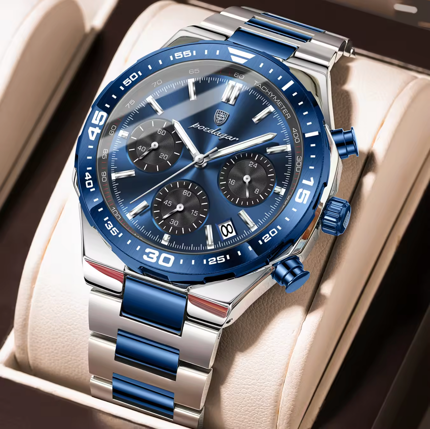 POEDAGAR 697 Men’s Luxury Quartz Chronograph Watch Silver Blue– Stainless Steel Waterproof Luminous Wristwatch