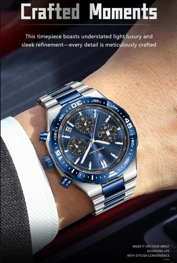 POEDAGAR 697 Men’s Luxury Quartz Chronograph Watch Silver Blue– Stainless Steel Waterproof Luminous Wristwatch