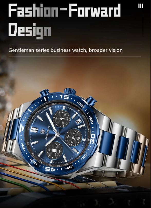 POEDAGAR 697 Men’s Luxury Quartz Chronograph Watch Silver Blue– Stainless Steel Waterproof Luminous Wristwatch