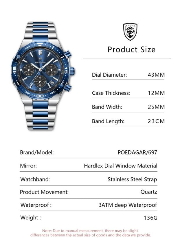 POEDAGAR 697 Men’s Luxury Quartz Chronograph Watch Silver Blue– Stainless Steel Waterproof Luminous Wristwatch