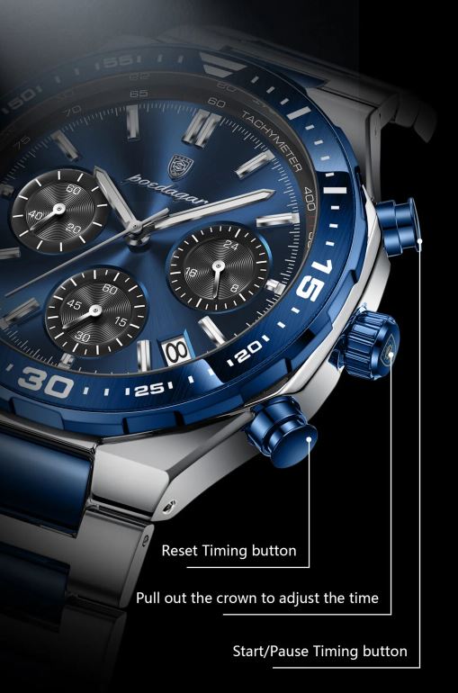 POEDAGAR 697 Men’s Luxury Quartz Chronograph Watch Silver Blue– Stainless Steel Waterproof Luminous Wristwatch