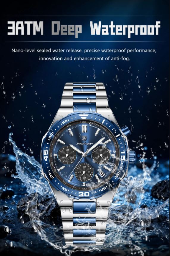 POEDAGAR 697 Men’s Luxury Quartz Chronograph Watch Silver Blue– Stainless Steel Waterproof Luminous Wristwatch