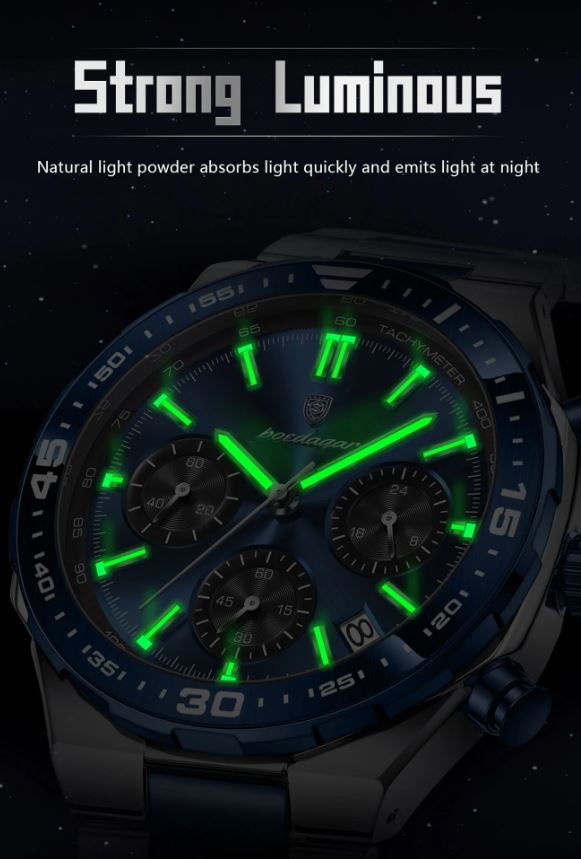 POEDAGAR 697 Men’s Luxury Quartz Chronograph Watch Silver Blue– Stainless Steel Waterproof Luminous Wristwatch