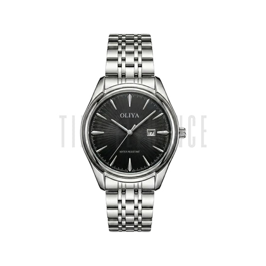 OLIYA 66160 Men’s Stainless Steel Quartz Watch Silver Black– Waterproof Calendar Fashion Wristwatch