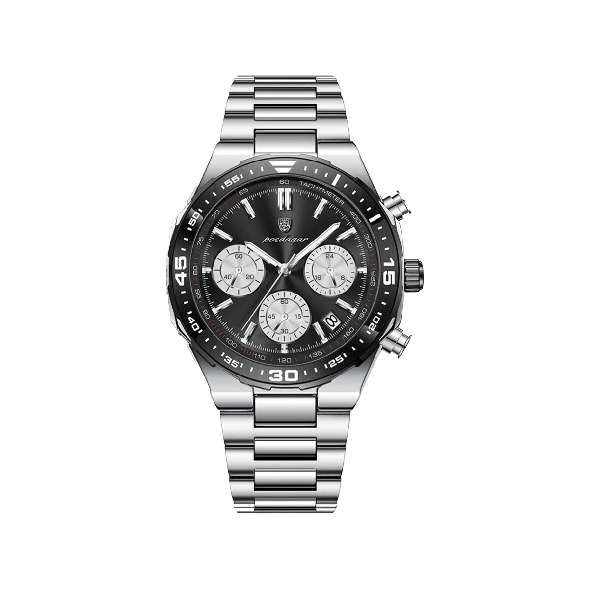POEDAGAR 697 Men’s Luxury Quartz Chronograph Watch Silver Black– Stainless Steel Waterproof Luminous Wristwatch