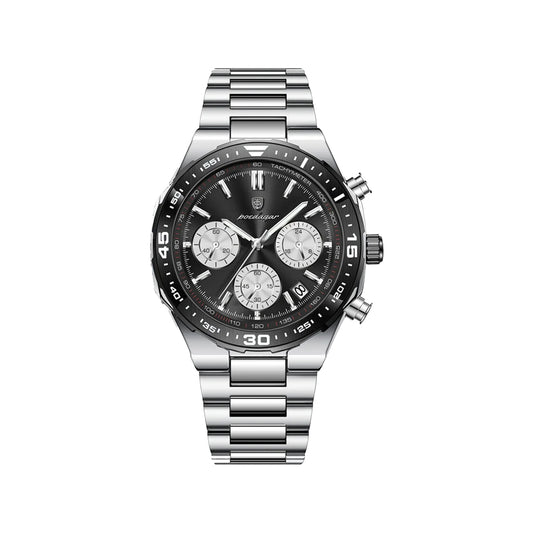 POEDAGAR 697 Men’s Luxury Quartz Chronograph Watch Silver Black– Stainless Steel Waterproof Luminous Wristwatch