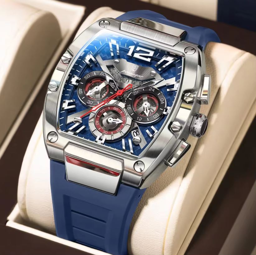 POEDAGAR 9051 Men’s Chronograph Quartz Watch Blue– Sport Casual Waterproof Luminous Silicone Wristwatch