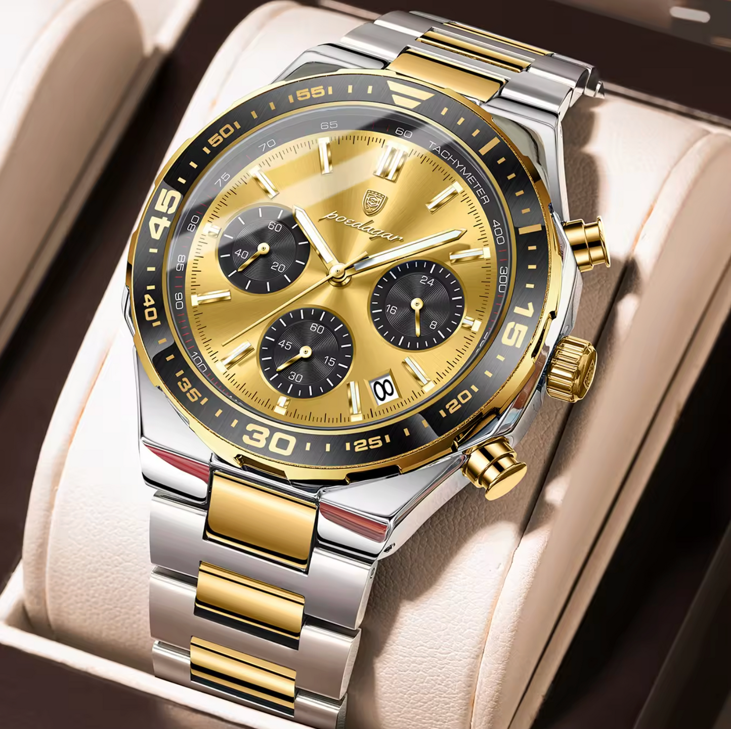 POEDAGAR 697 Men’s Luxury Quartz Chronograph Watch Gold– Stainless Steel Waterproof Luminous Wristwatch