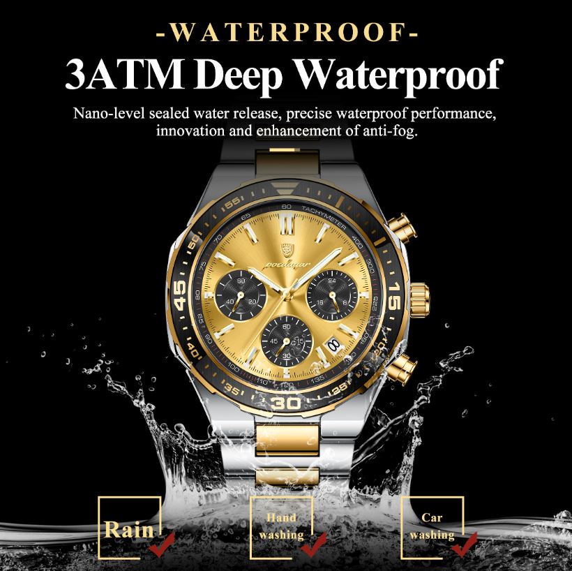 POEDAGAR 697 Men’s Luxury Quartz Chronograph Watch Gold– Stainless Steel Waterproof Luminous Wristwatch