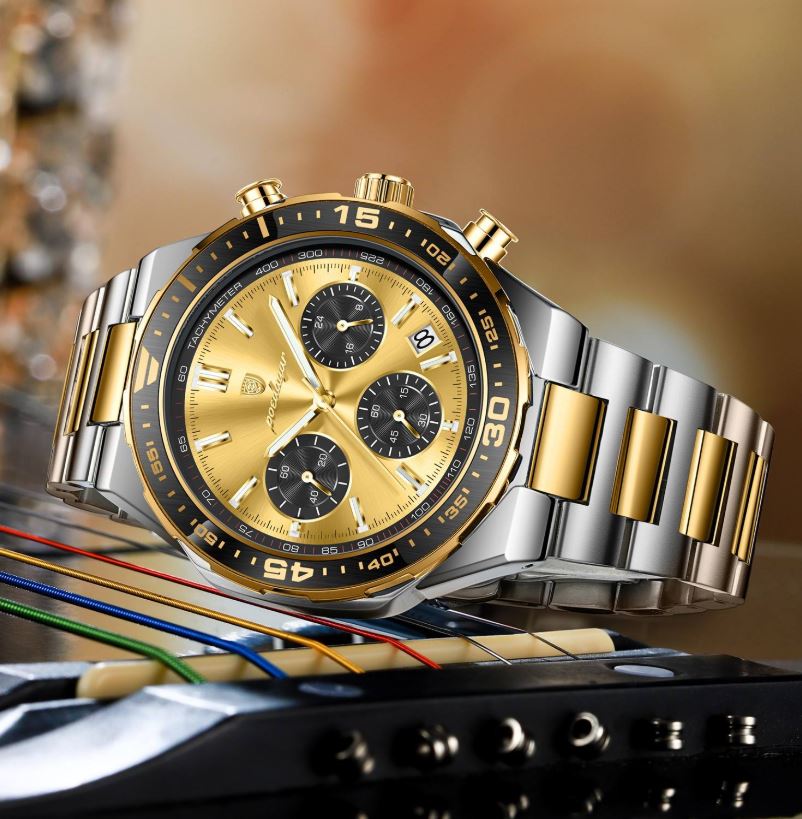 POEDAGAR 697 Men’s Luxury Quartz Chronograph Watch Gold– Stainless Steel Waterproof Luminous Wristwatch