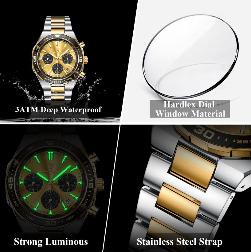 POEDAGAR 697 Men’s Luxury Quartz Chronograph Watch Gold– Stainless Steel Waterproof Luminous Wristwatch