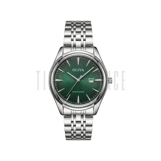 OLIYA 66160 Men’s Stainless Steel Quartz Watch Silver Green– Waterproof Calendar Fashion Wristwatch