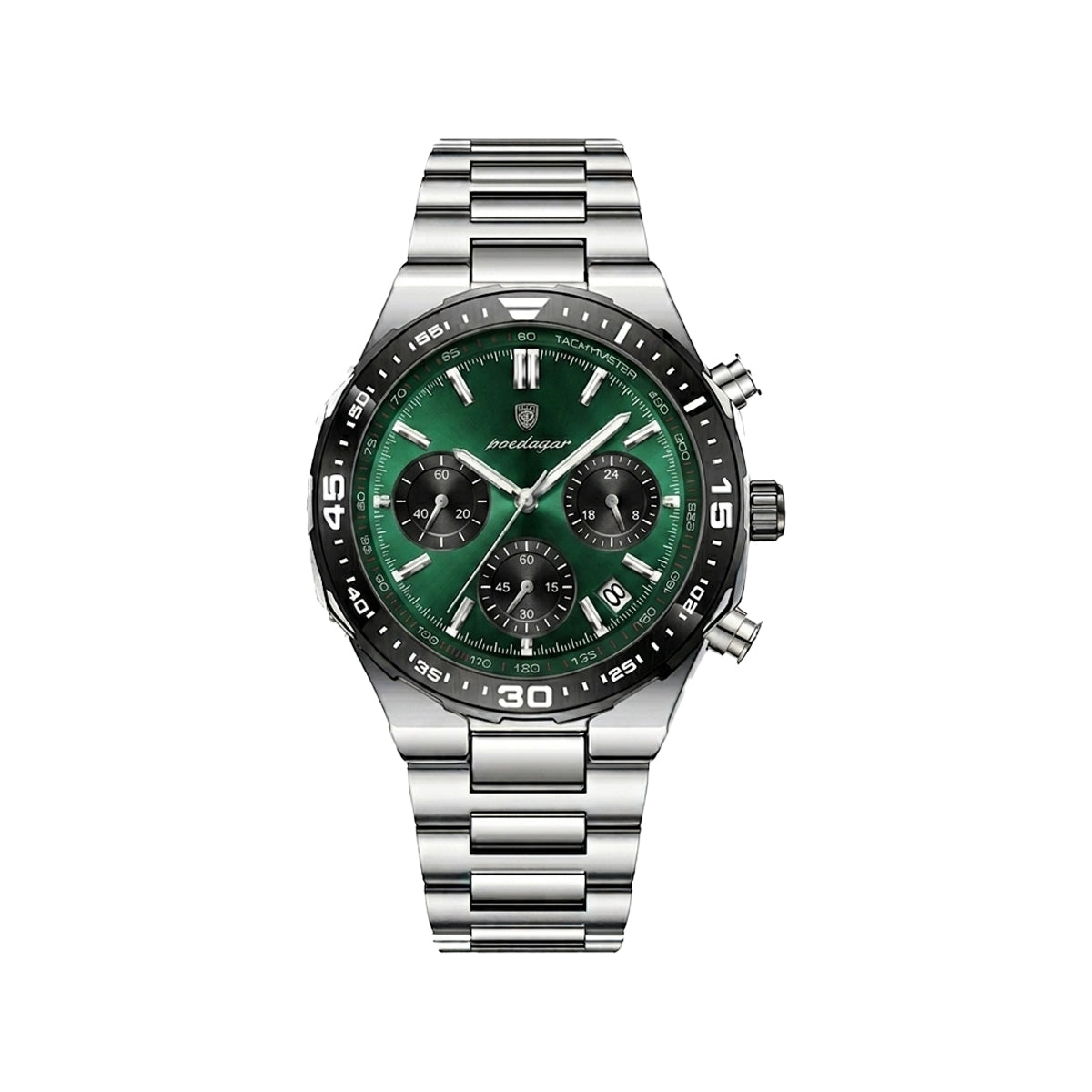 POEDAGAR 697 Men’s Luxury Quartz Chronograph Watch Silver Green– Stainless Steel Waterproof Luminous Wristwatch
