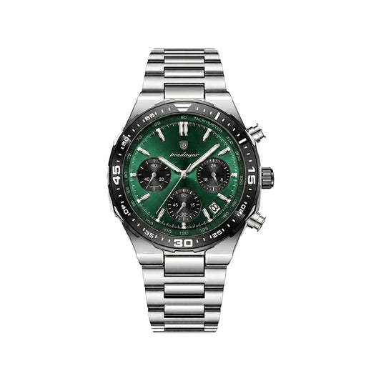 POEDAGAR 697 Men’s Luxury Quartz Chronograph Watch Silver Green– Stainless Steel Waterproof Luminous Wristwatch