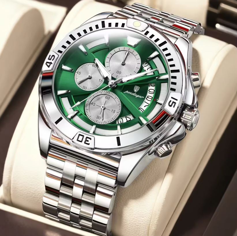 POEDAGAR 695 Men’s Sports Quartz Watch Silver Green – Stainless Steel Luxury Chronograph Wristwatch