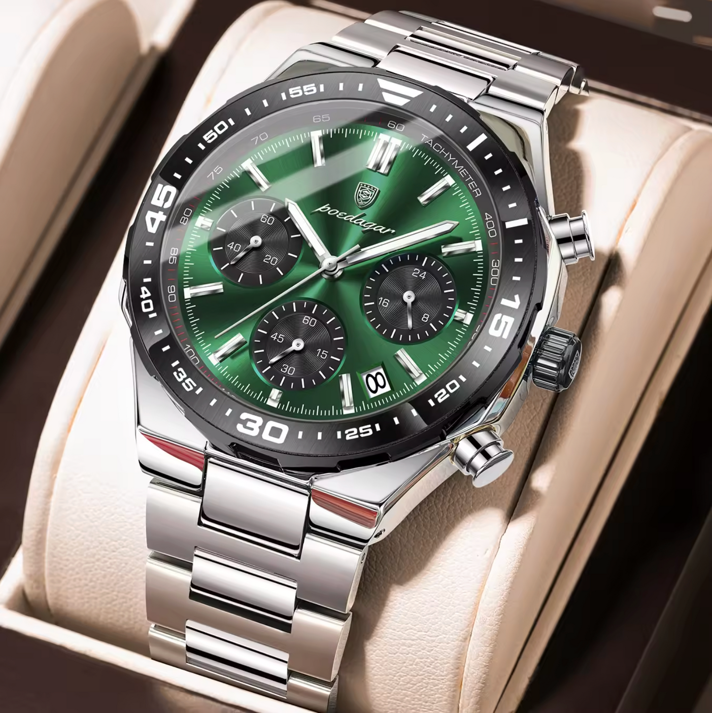 POEDAGAR 697 Men’s Luxury Quartz Chronograph Watch Silver Green– Stainless Steel Waterproof Luminous Wristwatch