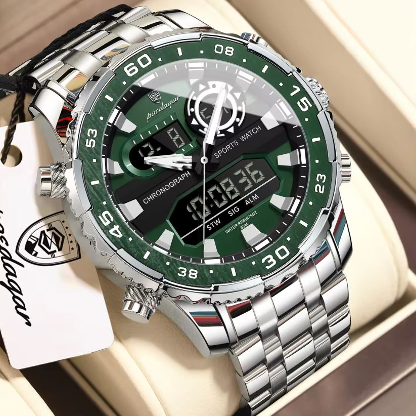 POEDAGAR 122 Luxury Dual Time LED Watch Silver Green – Waterproof Digital Stainless Steel Men’s Wristwatch