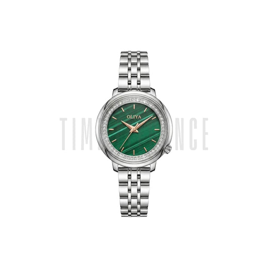 OLIYA 889 Women’s Luxury Diamond Watch Silver Striped Green – Round Dial Stainless Steel Wristwatch